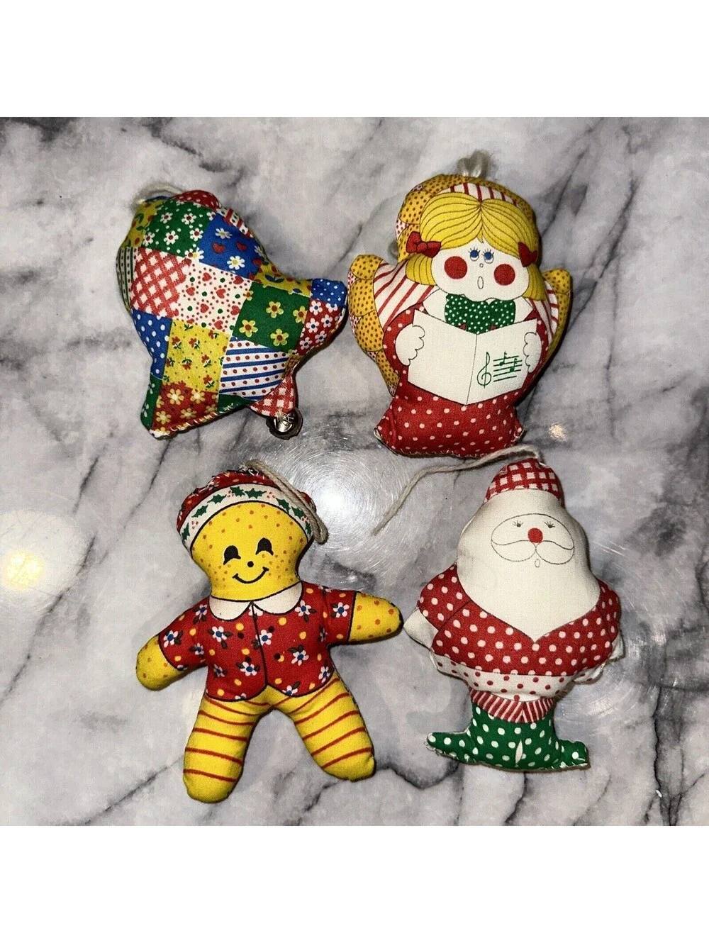 4 Vintage Cut N Sew Handmade Christmas Ornaments Santa Gingerbread Angel Bell